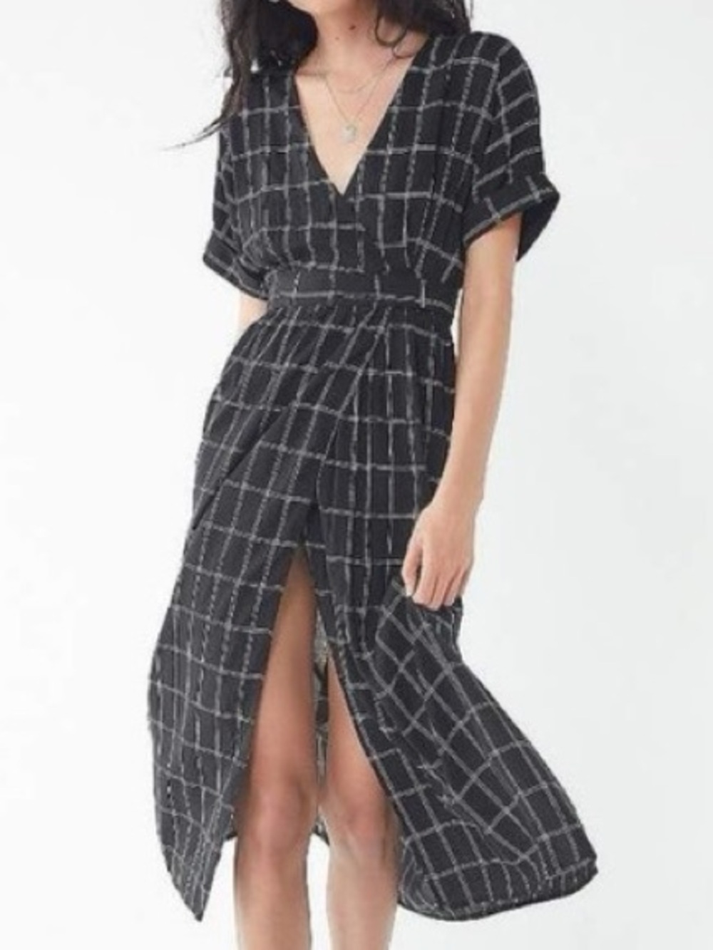 Urban Outfitters Black Windowpane Wrap Midi Dress with pockets